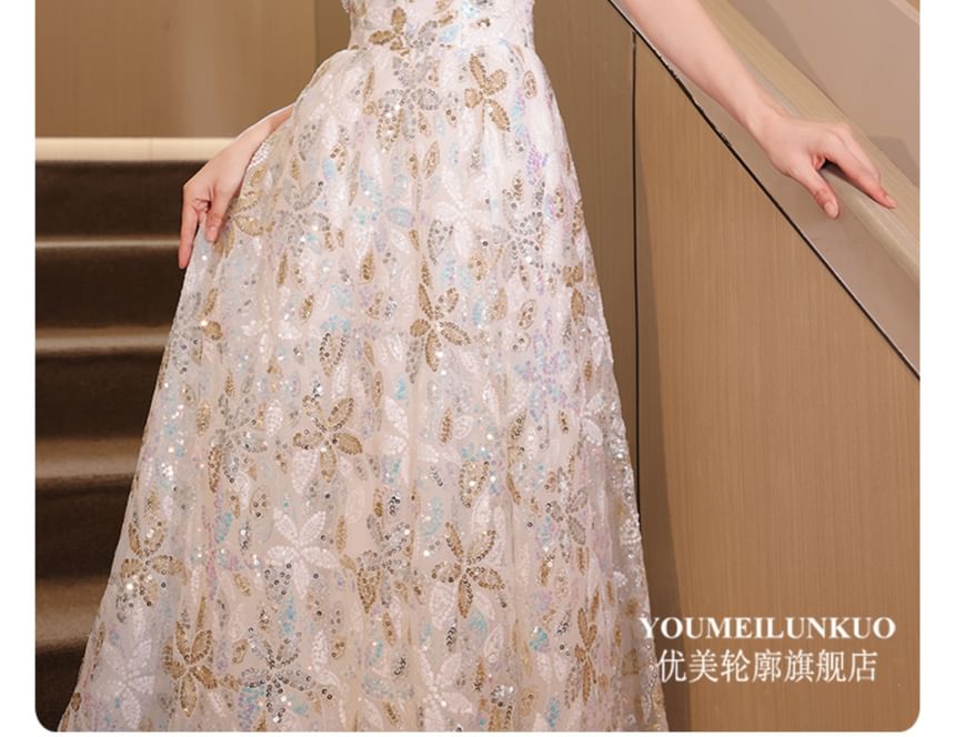 Rhinestone Flower Embroidered A-Line Evening Gown