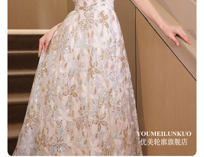 Rhinestone Flower Embroidered A-Line Evening Gown