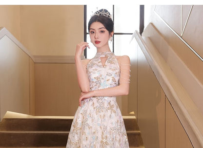 Rhinestone Flower Embroidered A-Line Evening Gown