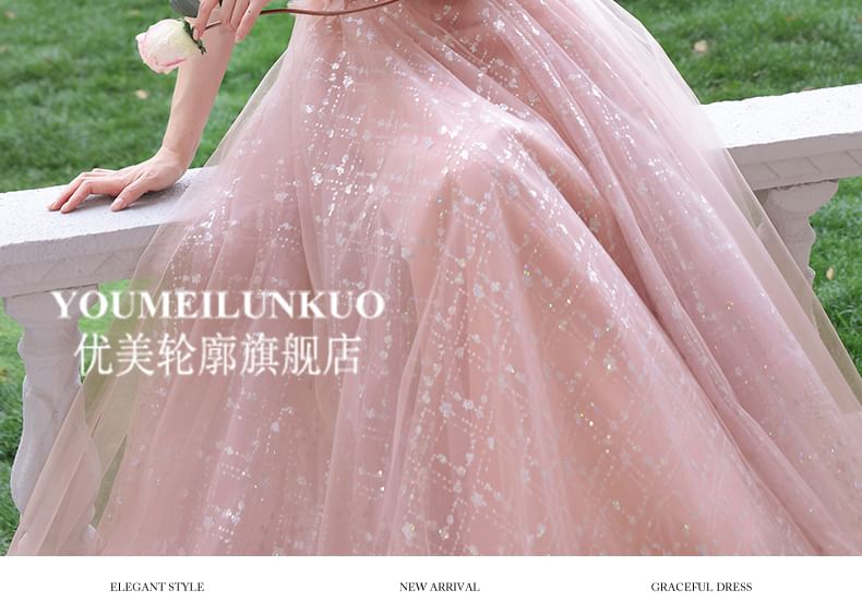 Square Neck Glitter A-Line Evening Gown