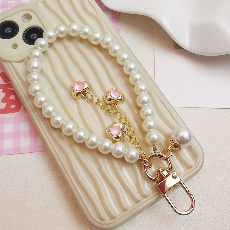 Heart Faux Pearl Phone Strap with Lanyard Pad