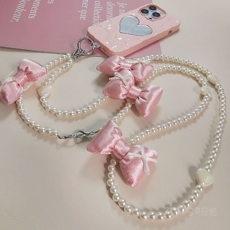 Bow Faux Pearl Phone Lanyard with Lanyard Pad