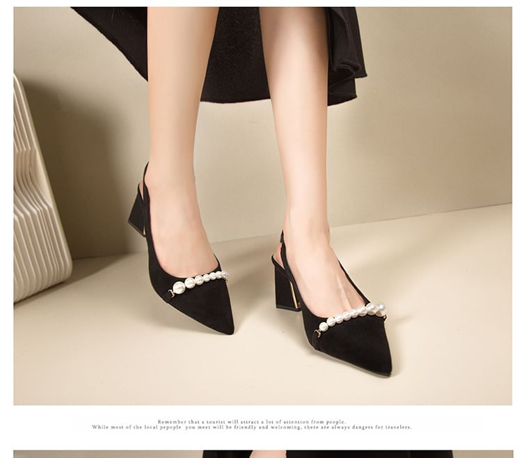 Block Heel Beaded Pointed Slingback Sandals