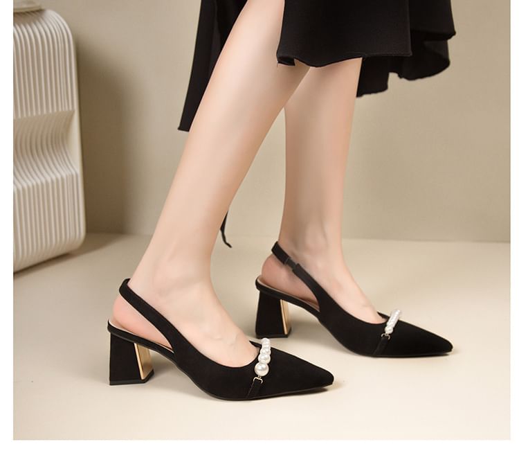 Block Heel Beaded Pointed Slingback Sandals