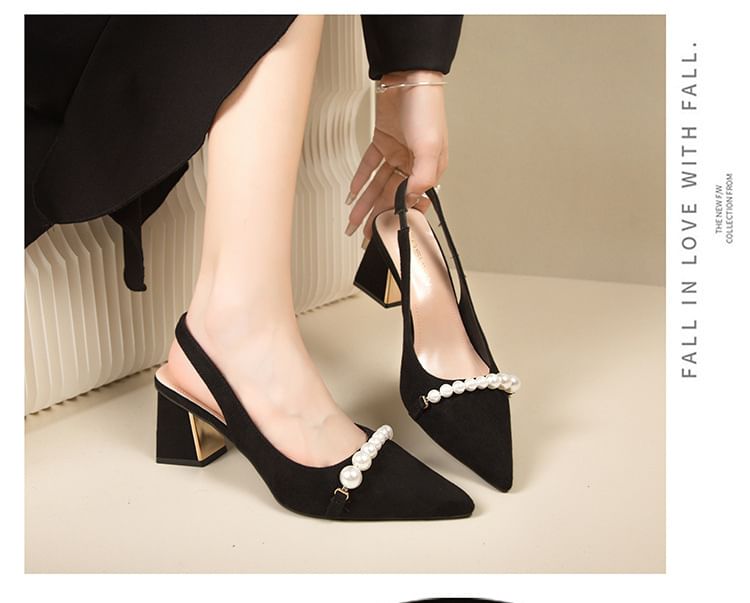 Block Heel Beaded Pointed Slingback Sandals