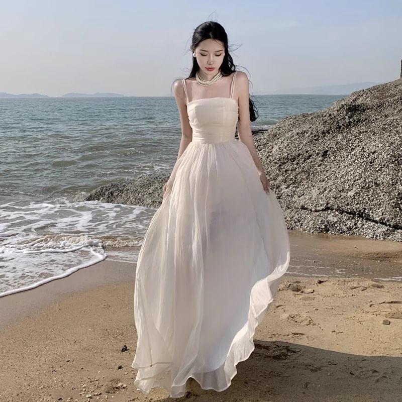 Thin Strap Simple Ruched Mesh Maxi A-Line Dress