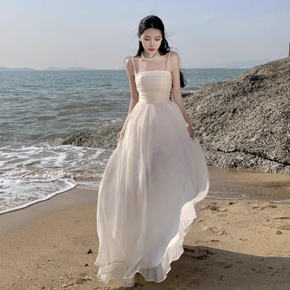 Thin Strap Simple Ruched Mesh Maxi A-Line Dress