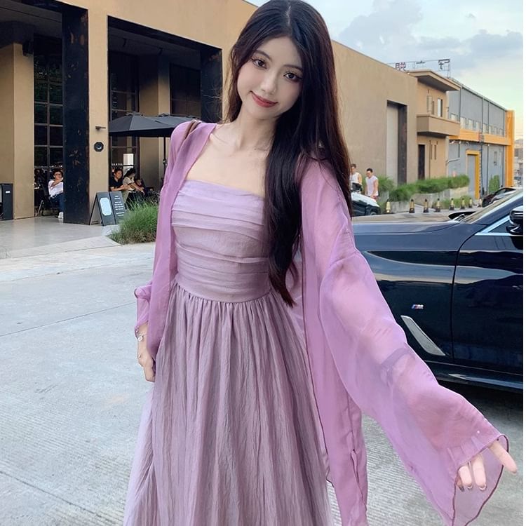 Thin Strap Simple Ruched Mesh Maxi A-Line Dress