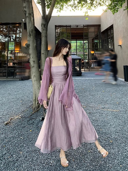 Thin Strap Simple Ruched Mesh Maxi A-Line Dress