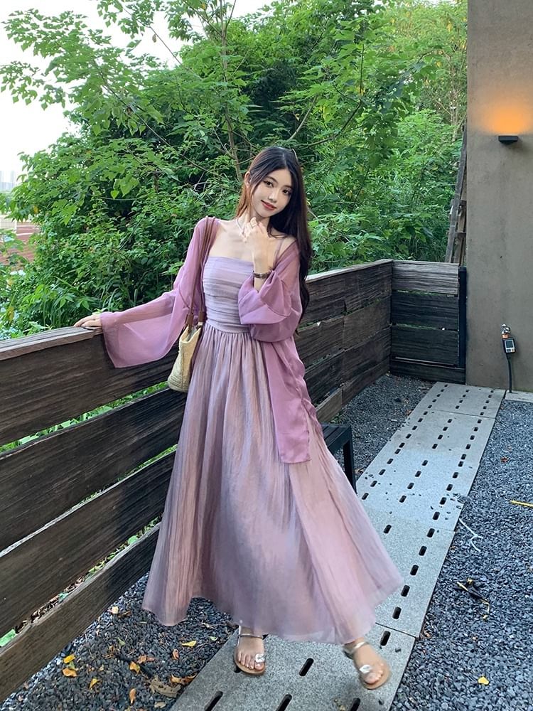 Thin Strap Simple Ruched Mesh Maxi A-Line Dress