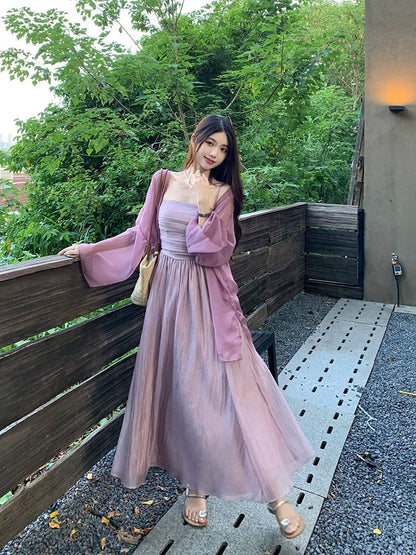 Thin Strap Simple Ruched Mesh Maxi A-Line Dress