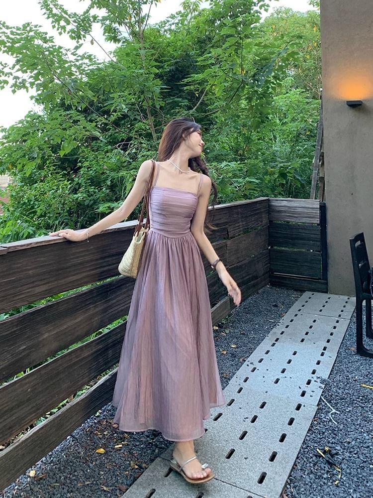 Thin Strap Simple Ruched Mesh Maxi A-Line Dress