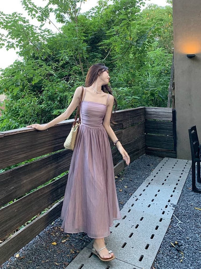 Thin Strap Simple Ruched Mesh Maxi A-Line Dress