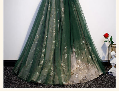 Tie Shoulder Sequin Beaded Velvet Panel Mesh A-Line Evening Gown