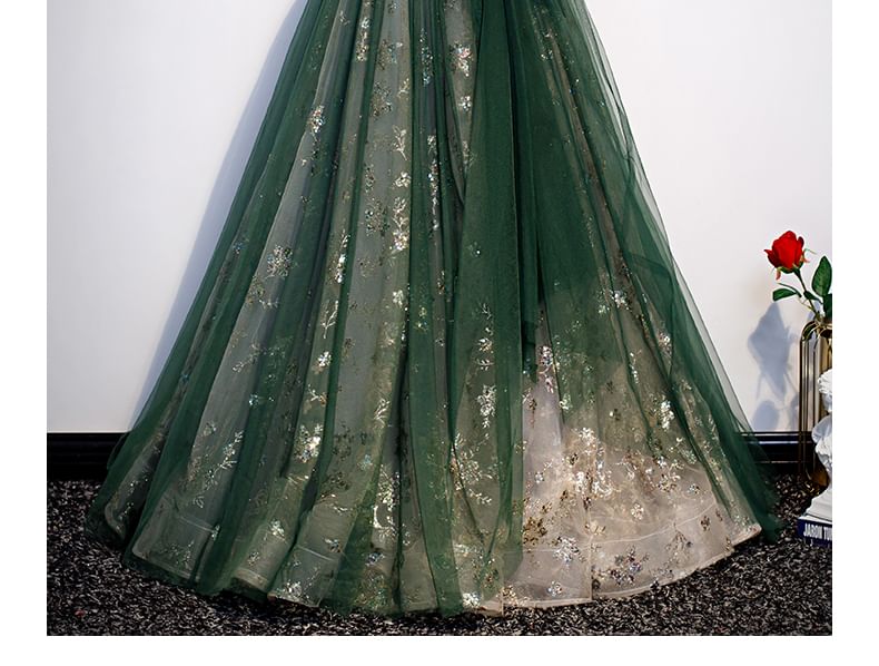 Tie Shoulder Sequin Beaded Velvet Panel Mesh A-Line Evening Gown