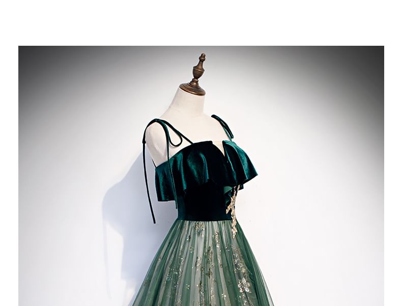 Tie Shoulder Sequin Beaded Velvet Panel Mesh A-Line Evening Gown