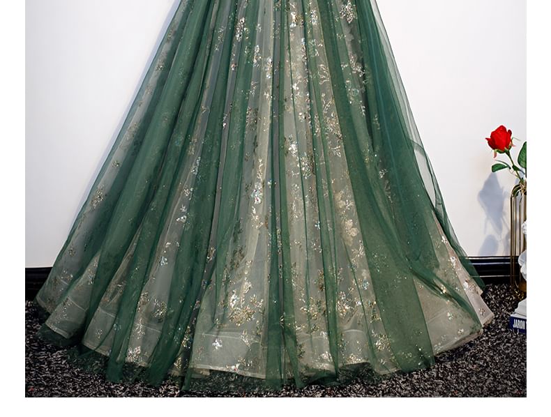Tie Shoulder Sequin Beaded Velvet Panel Mesh A-Line Evening Gown