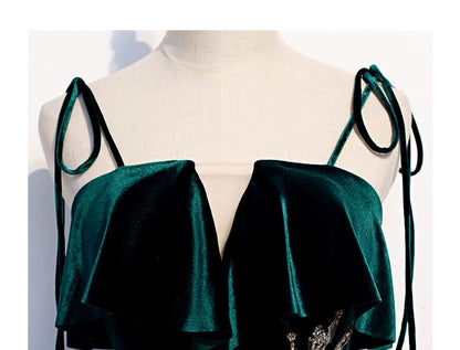 Tie Shoulder Sequin Beaded Velvet Panel Mesh A-Line Evening Gown