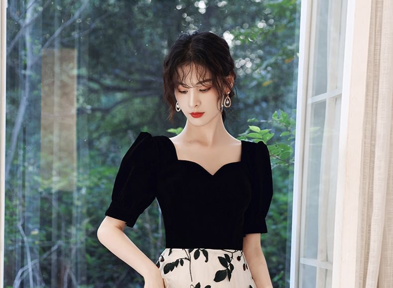 Short-Sleeve Sweetheart Neckline Floral Embroidered Panel A-Line Evening Gown / Cocktail Dress