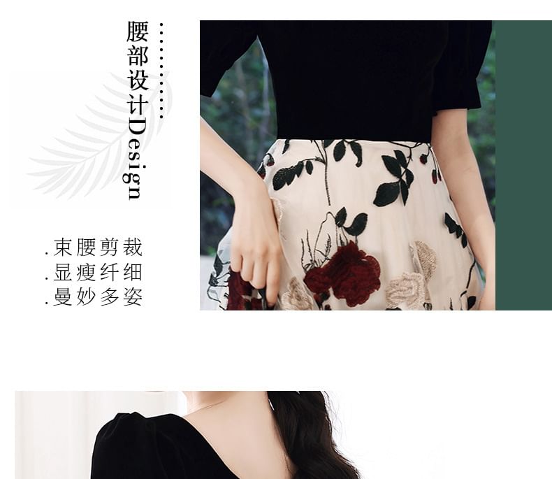 Embroidered Sweetheart Short-Sleeve Panel Dress Gown / Evening A-Line Cocktail Floral Neckline