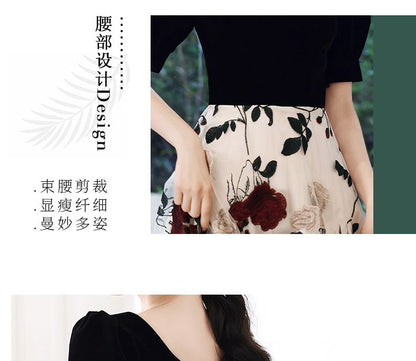 Short-Sleeve Sweetheart Neckline Floral Embroidered Panel A-Line Evening Gown / Cocktail Dress