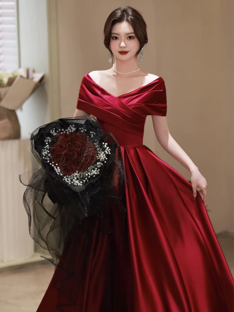 Short-Sleeve Off Shoulder Plain Ruched A-Line Evening Gown / Cocktail Dress