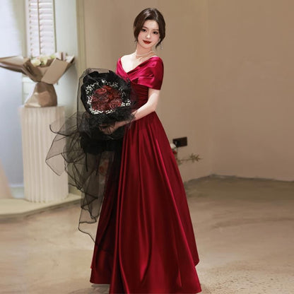 Short-Sleeve Off Shoulder Plain Ruched A-Line Evening Gown / Cocktail Dress