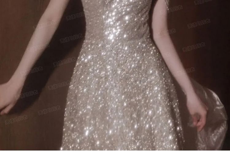 Sleeveless Mock Neck Plain Sequin Panel Mesh A-Line Evening Gown