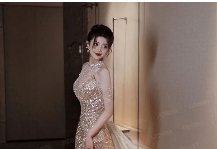 Sleeveless Mock Neck Plain Sequin Panel Mesh A-Line Evening Gown