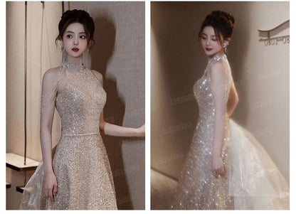 Sleeveless Mock Neck Plain Sequin Panel Mesh A-Line Evening Gown