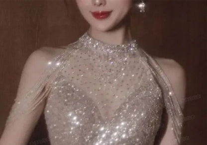 Sleeveless Mock Neck Plain Sequin Panel Mesh A-Line Evening Gown