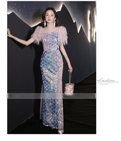 Short-Sleeve Square Neck Patterned Sequin Sheath Evening Dress