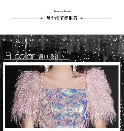 Short-Sleeve Square Neck Patterned Sequin Sheath Evening Dress