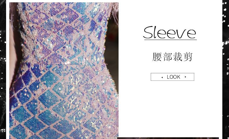 Short-Sleeve Square Neck Patterned Sequin Sheath Evening Dress