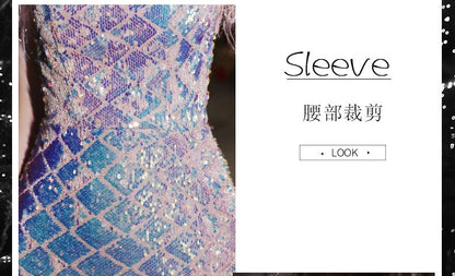 Short-Sleeve Square Neck Patterned Sequin Sheath Evening Dress