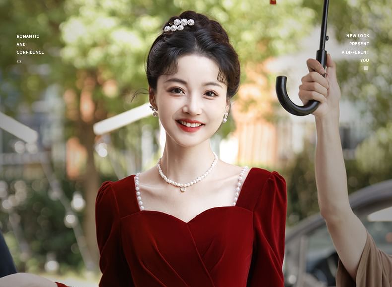 Neck Dress Panel / Evening A-Line Jacquard Velvet Gown Long-Sleeve Square Cocktail