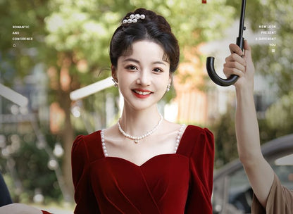 Neck Dress Panel / Evening A-Line Jacquard Velvet Gown Long-Sleeve Square Cocktail