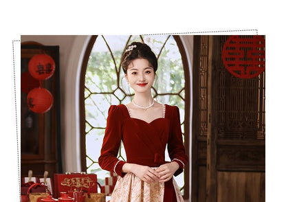 Neck Dress Panel / Evening A-Line Jacquard Velvet Gown Long-Sleeve Square Cocktail