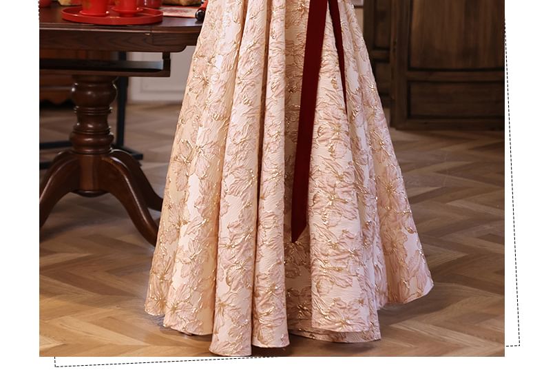 Neck Dress Panel / Evening A-Line Jacquard Velvet Gown Long-Sleeve Square Cocktail