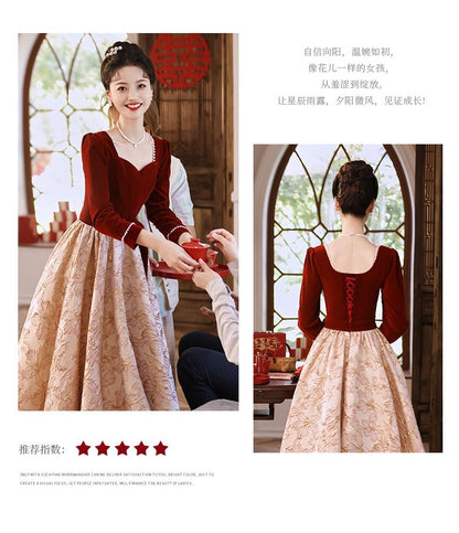 Neck Dress Panel / Evening A-Line Jacquard Velvet Gown Long-Sleeve Square Cocktail