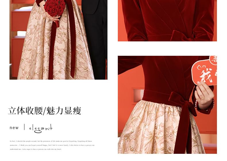 Neck Dress Panel / Evening A-Line Jacquard Velvet Gown Long-Sleeve Square Cocktail