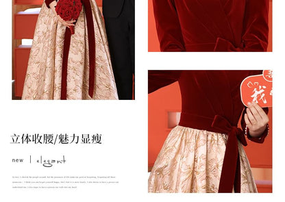 Neck Dress Panel / Evening A-Line Jacquard Velvet Gown Long-Sleeve Square Cocktail