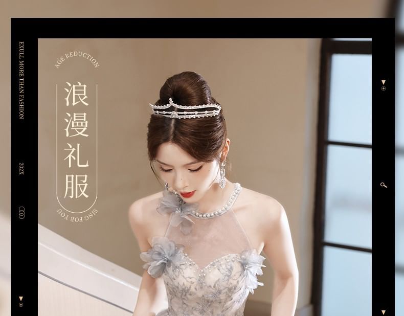 Sleeveless Round Neck Floral Patterned Faux Pearl Mesh A-Line Evening Gown