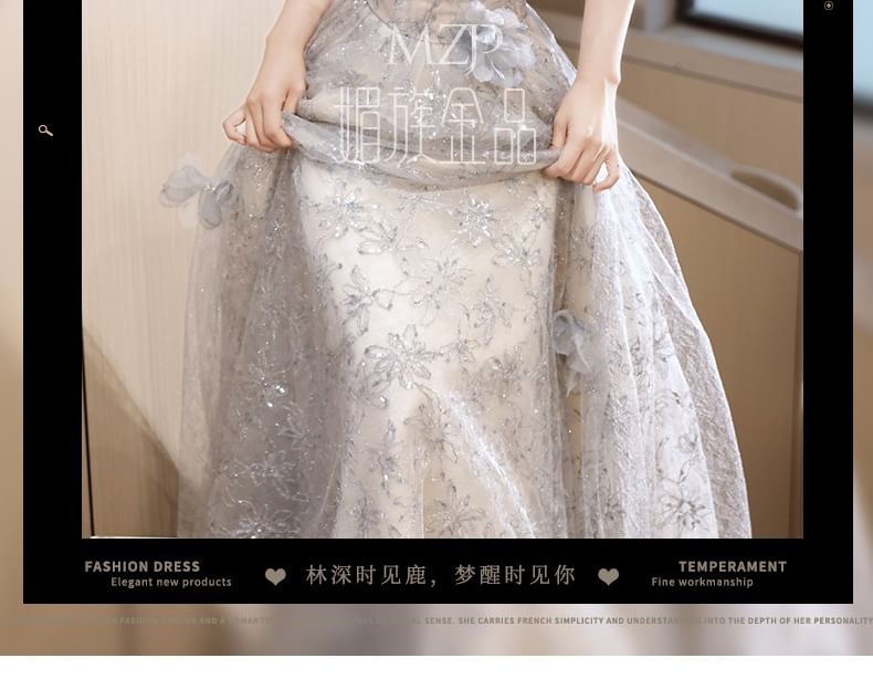 Sleeveless Round Neck Floral Patterned Faux Pearl Mesh A-Line Evening Gown