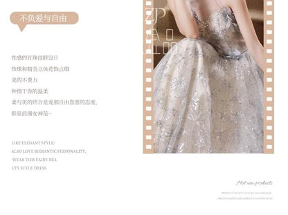 Sleeveless Round Neck Floral Patterned Faux Pearl Mesh A-Line Evening Gown