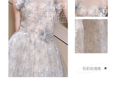 Sleeveless Round Neck Floral Patterned Faux Pearl Mesh A-Line Evening Gown