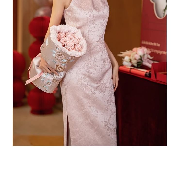 Sleeveless Jacquard Maxi Sheath Cocktail Qipao