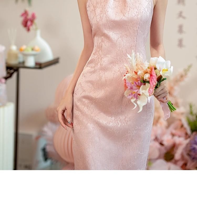 Sleeveless Jacquard Maxi Sheath Cocktail Qipao