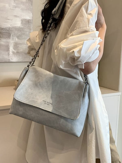 Lettering Chain Strap Flap Faux Leather Tote Bag