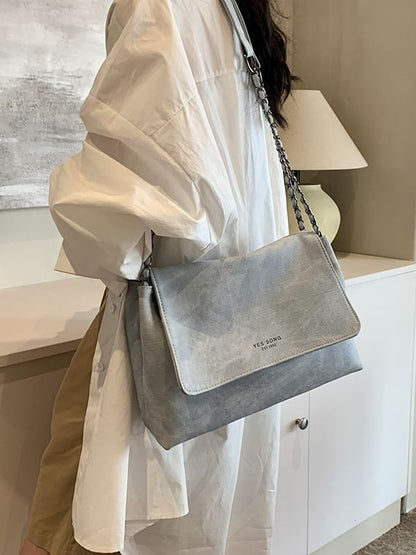 Lettering Chain Strap Flap Faux Leather Tote Bag